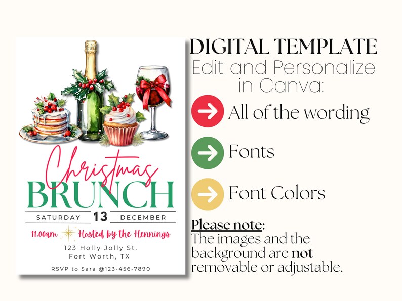May include: Digital Christmas Brunch invitation template. Features watercolor illustrations of a cake, cupcake, champagne bottle, and wine glass. Includes the text "Christmas Brunch" and event details. Edit wording, fonts, and colors in Canva.