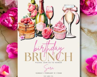 Convite para Brunch de Aniversário, Festa com Champanhe, Panfleto Feminino para Panquecas, Evite Modelo EDITÁVEL