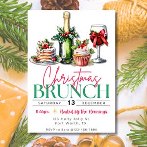May include: A Christmas Brunch invitation with watercolor illustrations of a cake, cupcake, champagne bottle, and wine glass. The invitation features the text "Christmas Brunch" and event details, including the date, time, and location.