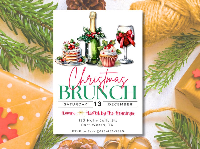 May include: A Christmas Brunch invitation with watercolor illustrations of a cake, cupcake, champagne bottle, and wine glass. The invitation features the text "Christmas Brunch" and event details, including the date, time, and location.