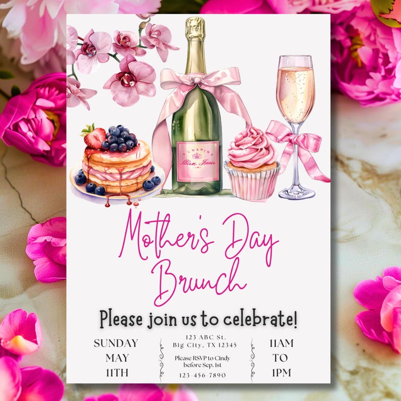 May include: A pink and white Mother's Day brunch invitation with a champagne bottle, a glass of champagne, a cupcake, and a stack of pancakes with berries. The invitation includes the text "Mother's Day Brunch" and "Please join us to celebrate!" with the date, time, and RSVP information.