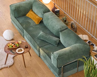 Watergroene Crea modulaire bank, 3-zits hoekbank, modulaire converteerbare bank, meubelstuk voor kleine appartementen, wasbare hoes