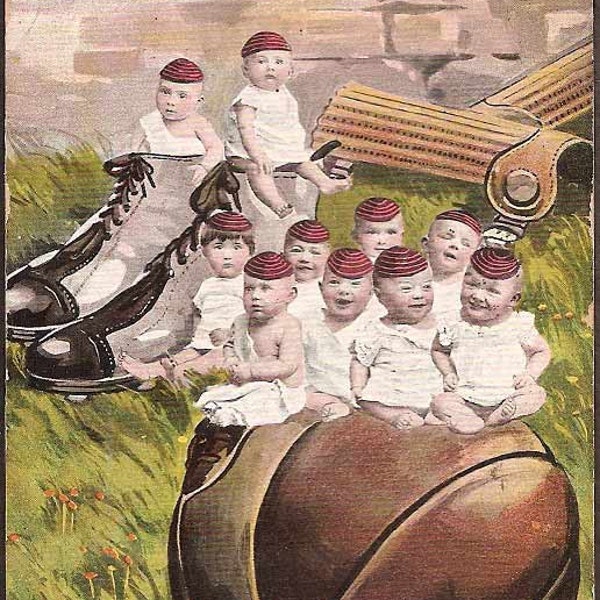Babies Vintage 1907 Humor Postcard - Ten Babies Sitting on Ball and in Shoes
