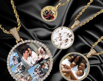 May include: Four gold chains with round pendants featuring photos of people. Each pendant is surrounded by clear cubic zirconia stones.