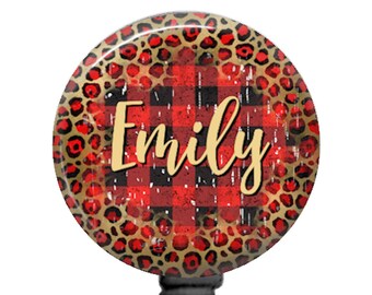 Personalized Red Leopard Buffalo Plaid Badge Reel, Badge Holder Lanyard or Carabiner Badge Reel  1332