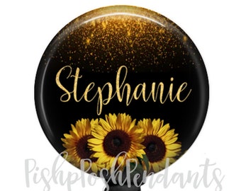 Personalized Sunflower Badge Reel, Badge Holder Lanyard or Carabiner Badge Reel  1020