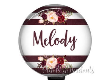 Burgundy Stripe Floral ID Badge Holder | Retractable Badge Reel Holder | Personalized Badge Holder | Nurse | Teacher |  Style 822