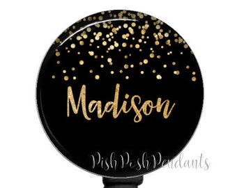 Personalized Badge Reel, Gold Confetti Name Badge Reel,  Carabiner or Lanyard  847