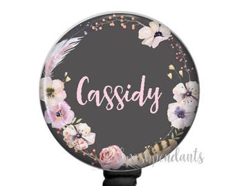 Personalized Badge Reel, Floral Name Badge Reel, Badge Holder, Carabiner or Lanyard 816