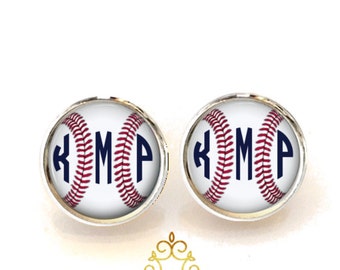 Baseball Monogram Earrings, Pendant Earrings, Silver Stud Earrings, Dangle Earrings, Personalized Studs, Personalized Jewelry (511)