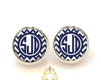 Chevron Monogram Earrings, Pendant Earrings, Silver Stud Earrings, Dangle Earrings, Personalized Studs, Personalized Jewelry, Gift (423)