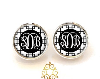 Black Monogram Earrings, Pendant Earrings,  Stud Earrings, Dangle Earrings, Personalized Studs, Personalized Jewelry, Monogram Studs (480)