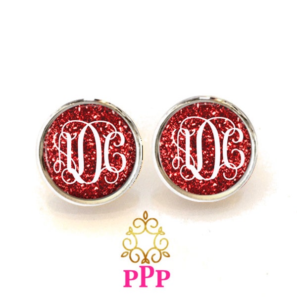 Red Glitter Monogram Earrings, Monogram Stud Earrings, Monogram Jewelry (355)