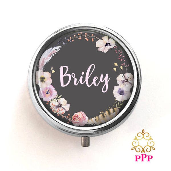 Personalized Pill Box Floral Wreath | Personal Pill Case | Pill Holder | Gift for Her | Custom Pill Container | Style 816