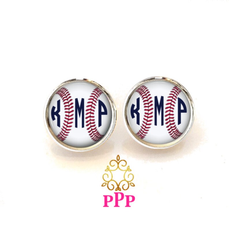 Baseball Monogram Earrings, Pendant Earrings, Silver Stud Earrings, Dangle Earrings, Personalized Studs, Personalized Jewelry 511 image 1