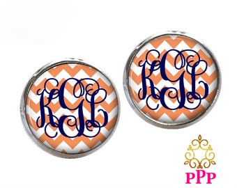 Orange Chevron Monogram Earrings, Pendant Earrings, Stud Earrings, Dangle Earrings, Personalized Studs, Personalized Jewelry, 415