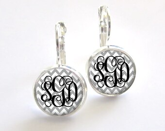 Gray Chevron Monogram Earrings, Bridesmaid Gift, Personalized Earrings (397)