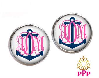 Anchor Monogram Earrings, Personalized Stud Earrings  (395)