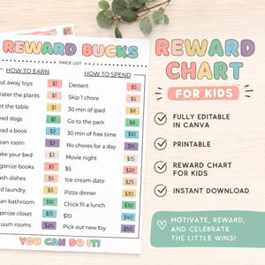 Tabla de responsabilidades y tareas para niños editable con dinero de juguete / Sistema de recompensas imprimible con dinero de juguete / Plantilla de Canva para niños
