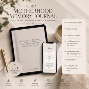 Op de afbeelding: Een digitaal moederschapsherinneringsdagboek weergegeven op een tablet en smartphone. Het scherm toont de titel Before I forget, a journal for the little things you never want to forget, en een menu met secties voor familie en kinderen.