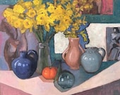 Still life painting, Daffodils, antique pitchers, nude paintings, original signed oil painting, gift idea, home decor