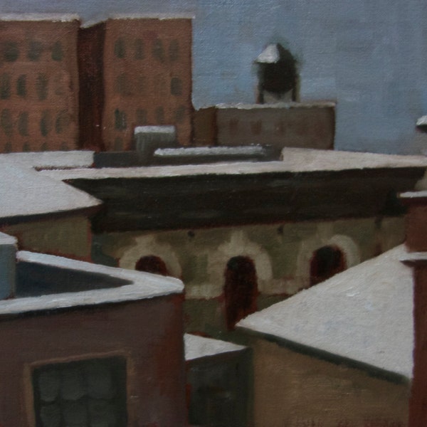 original painting, oil painting, city scape, landscape, urban, snow scene, winter, loft chic ,gift idea, New York City, industrial