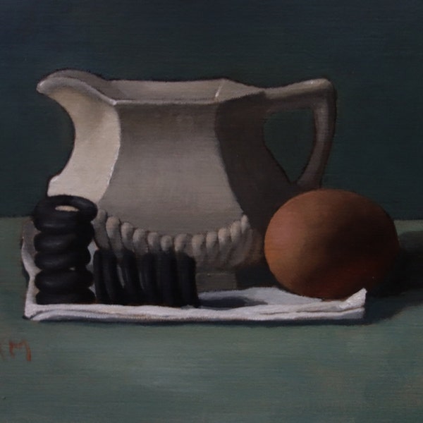 still life oil painting, white pitcher and egg, white and teal, home decor,stoneware