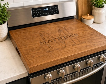 Personalized Oak Stove Top Cover | Custom Engraved Family Name Noodle Board | Solid Red Oak | Handmade in USA | Farmhouse Decor