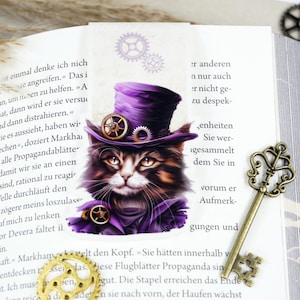 Zakładka magnetyczna kot steampunkowy, zakładka z magnesami, pręgowany kot z fioletowym cylindrem i zębatkami, laminowana błyszcząco