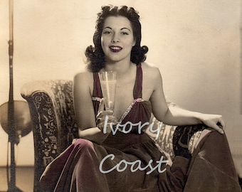 Champagne Woman Vintage Photograph. Digital Download, Ephemera, lady, photo, hand tinted, burgundy, wine, portrait, 1940, image, #13PS/EJUN