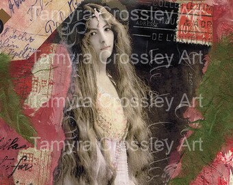 Enchanted Wood, art postcard digital, download, mixed media, collage, woman, vintage, image, photo, gypsy, lady, pink, mystery 13/ta/mmoap