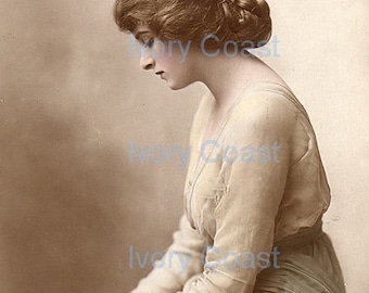 Woman in pale Blue Reading vintage postcard. Digital Download, Photo, soft, profile, image, transfer, Ephemera, instant, romantic, 13PS/EJUN