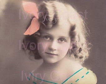 Girl with Pink Bow Vintage Photo. Digital, Download, Instant, printable, print, photograph, child, image, hand tinted, sweet, 15/p/eaug