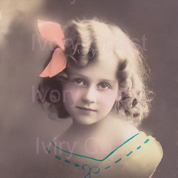 Girl with Pink Bow Vintage Photo. Digital, Download, Instant, printable, print, photograph, child, image, hand tinted, sweet, 15/p/eaug