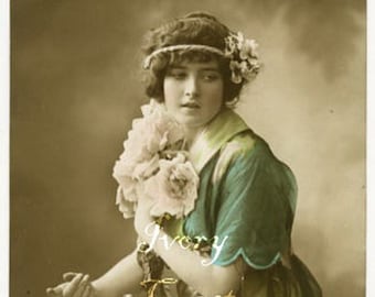 Green Yellow Blue Lady Vintage Postcard Image.  Digital Download. Fashion, portrait, photo, photograph, beautiful, woman, flowers, #14PaM