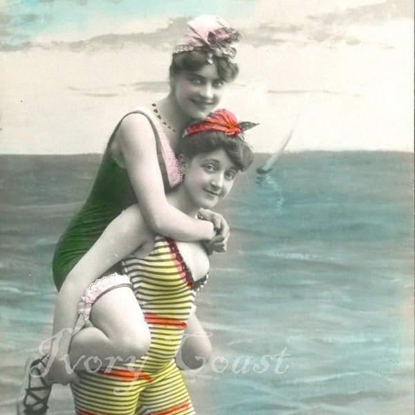 Piggy Back Seaside Vintage Swim.  Digital Download.  Postcard, photo, beach, play, fun, ladies, friends, ephemera, transfer, pals, #16P/ES