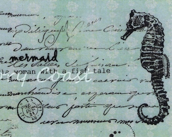 Mermaid Dictionary Seahorse Illustration. Digital, Download, instant, blue, green, transfer, script, handwriting, image, beach, #12/ICS