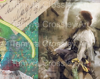 Gypsy Girl. Art Postcard  Digital, download, vintage, image, woman, profile, boho, letter, card, mixed media, collage, guitar, 13/ta/mmoap