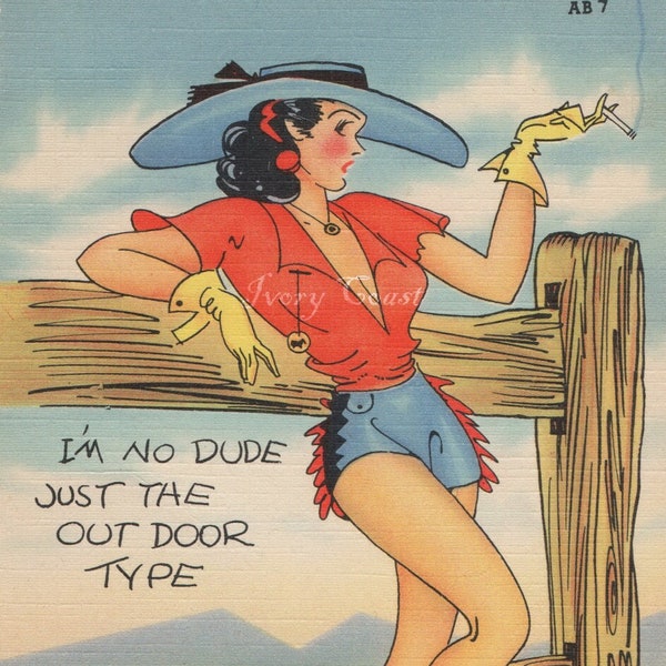 I'm no Dude Vintage Cowgirl Postcard. Digital, Download, Ephemera, cigarette, smoke, pin up, funny, red, blue, western, country, #14PIC/EJ