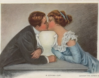 A Loving Cup Vintage Postcard. Digital, Download, Kissing, Love, Valentines, couple, wedding, instant, image, transfer, kiss, #14PIC/ej