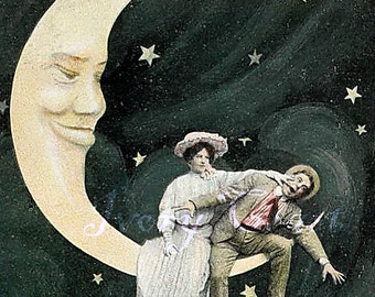Clowing around on the Moon 1.  Vintage Postcard.  Funny.  Digital Download. sillly, image, transfer, collage, mixed media, couple, #14PIC/FI