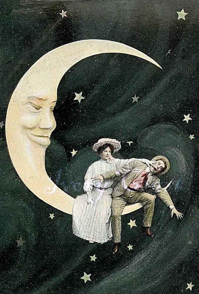 Clowing Around on the Moon 1. Vintage Postcard. Funny. Digital