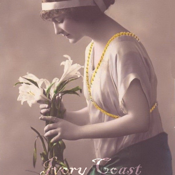 White Lily Lady Vintage Photo Image. Digital, Download, Edwardian, hand tinted, profile, yellow, flowers, woman, female, soft, #14P2/ES