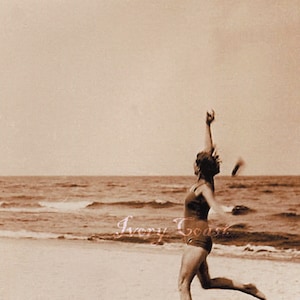 Hey Sailor, wait for me.  Vintage Photo of woman running along beach waving.  Digital Download.  Sepia.  Seaside, Beach.