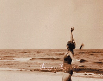 Hey Sailor, wait for me.  Vintage Photo of woman running along beach waving.  Digital Download.  Sepia.  Seaside, Beach.