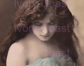 Lady looking down vintage photo. Digital Download, Woman, female, burnette, photograph, instant, transfer, blue, portrait, art, #15/P/EAP