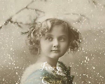 Snow Blue Child Vintage Photo. Digital Download, ephemera, instant, transfer, portrait, winter, sweet, cute, child, hand tinted, #14/PAM