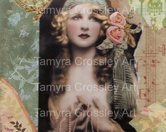 Pearls of my Heart. Art Postcard Digital, download, collage, mixed media, image, woman, boho, gypsy, pink, blue, vintage, 13/ta/mmoap