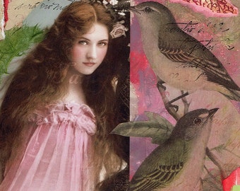 Art Postcard, Bird Watcher, Digital Download, instant, mail, woman, pink, transfer, mixed media, collage, woman, lady, post, #13/TA/MMOAP