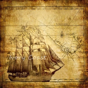 Sepia Schiff Karte Vintage Illustration.  Digitaler Download.  Nautische, Boot, Segeln, Meer, Meer, Meer, braun, Gold, Wasser, Segeln, #14/PAM